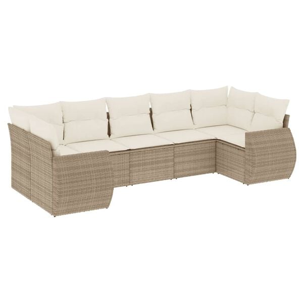 vidaXL 7-tlg. Garten-Sofagarnitur mit Kissen Beige Poly Rattan
