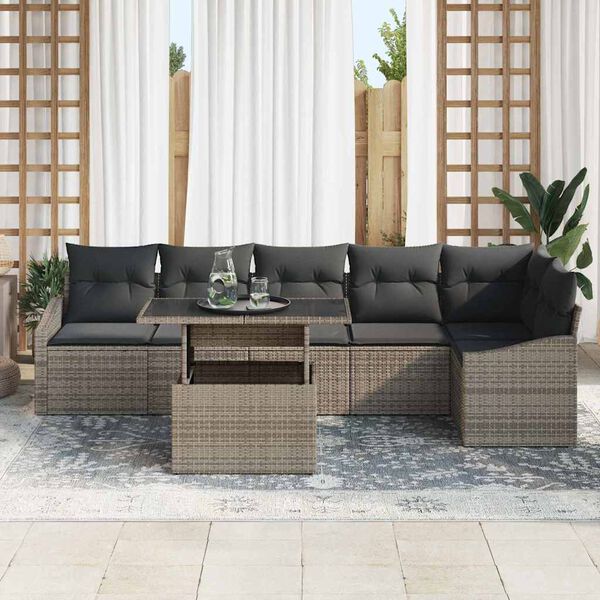 vidaXL Garten-Sofa-Set mit Kissen mit Speicher mit Kissen 7 pcs Grau