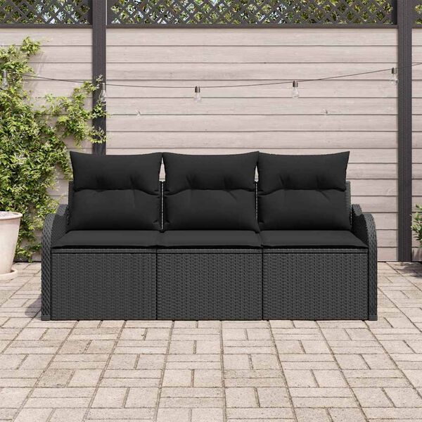vidaXL Garten-Sofa-Set mit Kissen 3 pcs Schwarz Poly Rattan