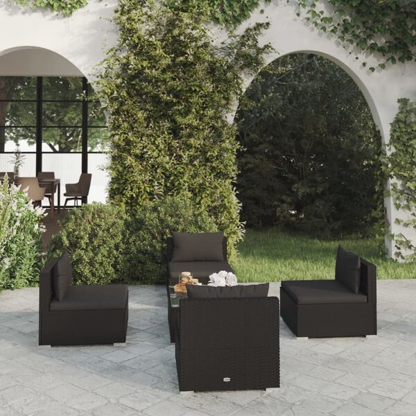 vidaXL 5-tlg. Garten-Lounge-Set mit Kissen Poly Rattan Schwarz
