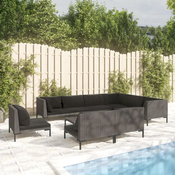 vidaXL 10-tlg. Garten-Lounge-Set mit Kissen Poly Rattan Dunkelgrau