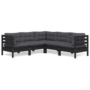 vidaXL 5-tlg. Garten-Lounge-Set mit Kissen Schwarz Kiefer Massivholz