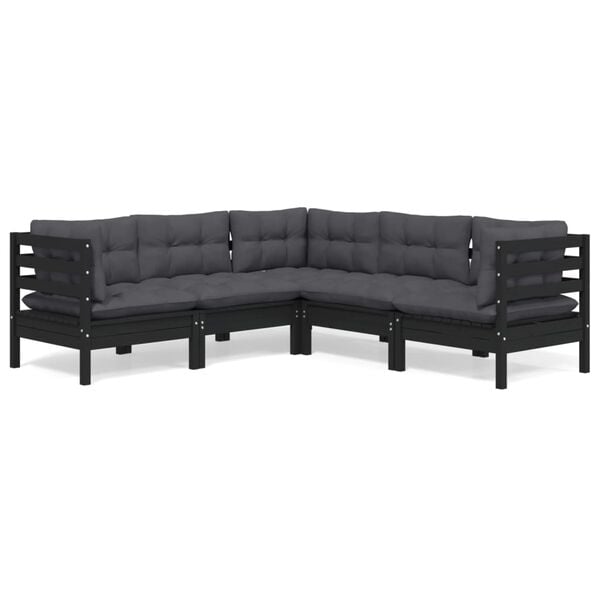 vidaXL 5-tlg. Garten-Lounge-Set mit Kissen Schwarz Kiefer Massivholz