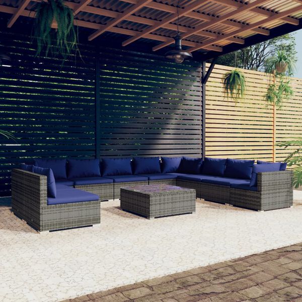 vidaXL 11-tlg. Garten-Lounge-Set mit Kissen Grau Poly Rattan