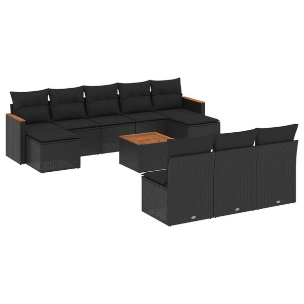 vidaXL 11-tlg. Garten-Sofagarnitur mit Kissen Schwarz Poly Rattan