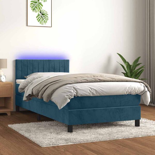 vidaXL Boxspringbett mit Matratze & LED Dunkelblau 90x200 cm Samt