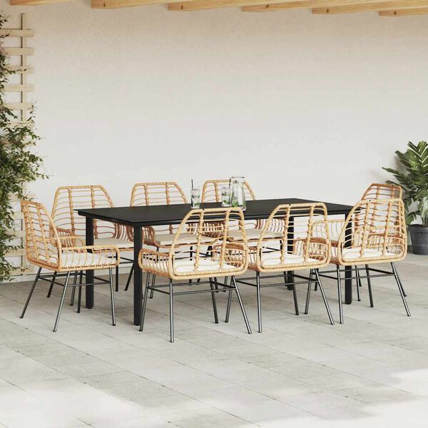 vidaXL 9-tlg. Garten-Essgruppe mit Kissen Braun Poly Rattan Glas