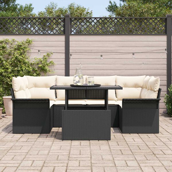 vidaXL Garten-Sofa-Set mit Kissen 7 pcs Schwarz Poly Rattan