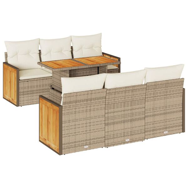 vidaXL 7-tlg. Garten-Sofagarnitur mit Kissen Beige Poly Rattan Akazie