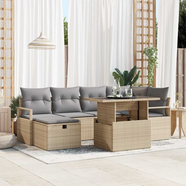 vidaXL Garten-Sofa-Set mit Kissen mit Speicher 7 pcs Beige Poly Rattan