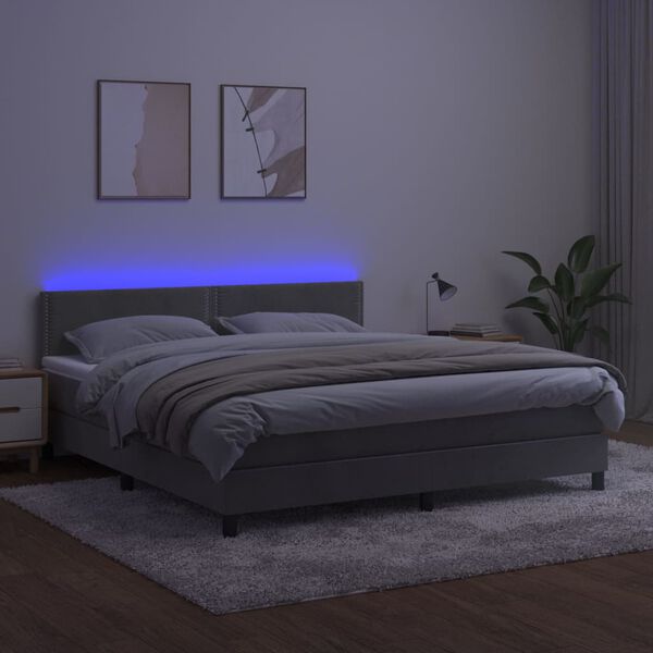 vidaXL Boxspringbett mit Matratze & LED Hellgrau 160x200 cm Samt