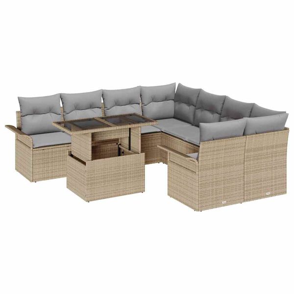 vidaXL Gartensofa-set mit Kissen mit Speicher 9 pcs Beige Poly Rattan