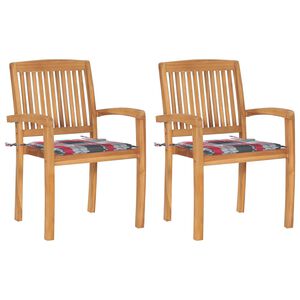 vidaXL Gartenst&uuml;hle 2 Stk. Rote Karomuster Kissen Massivholz Teak