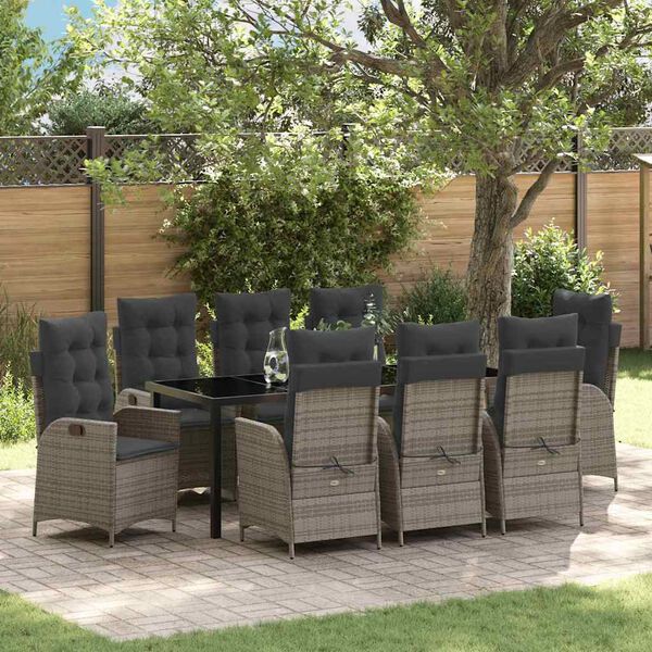 vidaXL Garten Essgruppe mit Kissen 9 pcs Grau Poly-Rattan
