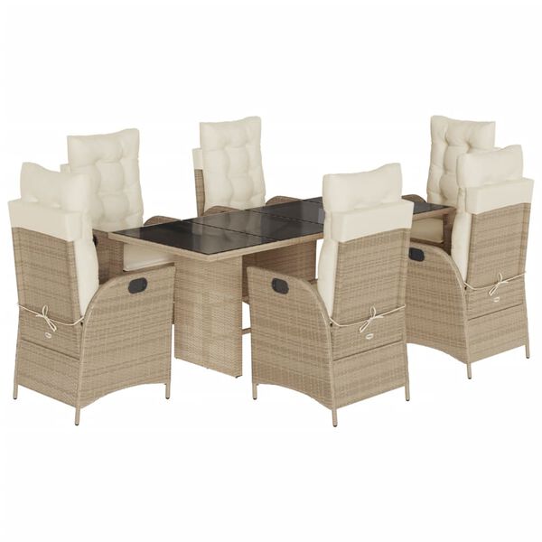 vidaXL 7-tlg. Garten-Essgruppe mit Kissen Beige Poly Rattan