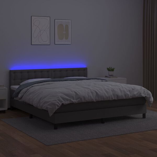 vidaXL Boxspringbett mit Matratze & LED Grau 160x200 cm Kunstleder