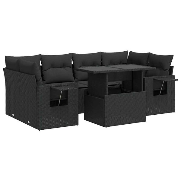 vidaXL 7-tlg. Garten-Sofagarnitur mit Kissen Schwarz Poly Rattan