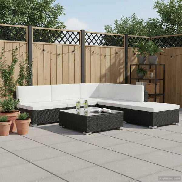 vidaXL 6-tlg. Garten-Lounge-Set mit Auflagen Poly Rattan Schwarz