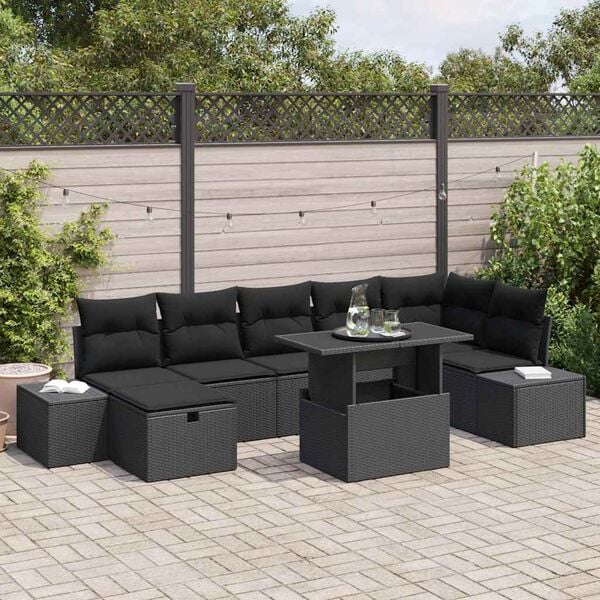 vidaXL Garten-Sofa-Set mit Kissen 8 pcs Schwarz Poly Rattan