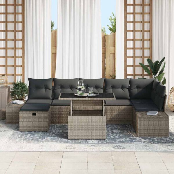 vidaXL Garten-Sofa-Set mit Kissen mit Speicher 8 pcs Grau Poly Rattan