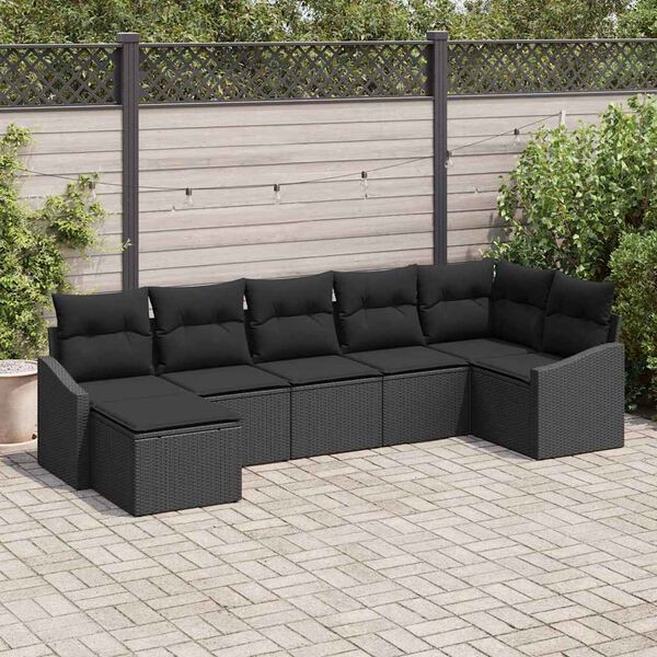 vidaXL Garten-Sofa-Set mit Kissen 7 pcs Schwarz Poly-Rattan