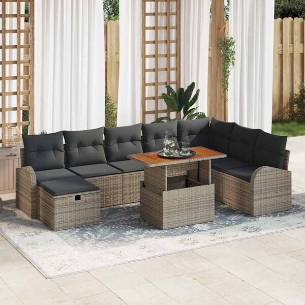 vidaXL Gartensofa-set mit Kissen mit Speicher 9 pcs Grau Poly-Rattan