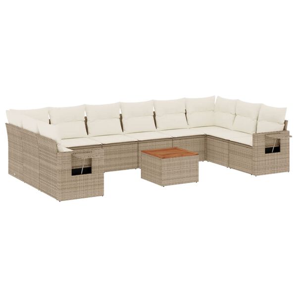 vidaXL 11-tlg. Garten-Sofagarnitur mit Kissen Beige Poly Rattan