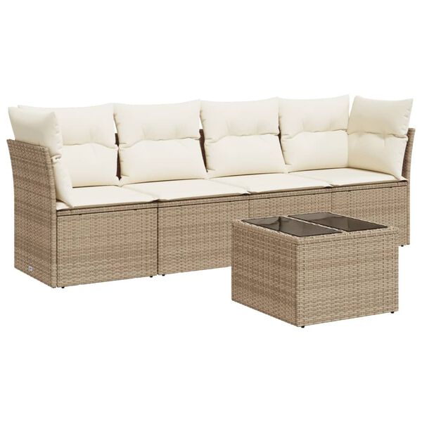 vidaXL 5-tlg. Garten-Sofagarnitur mit Kissen Beige Poly Rattan
