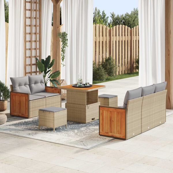 vidaXL Garten-Sofa-Set mit Kissen mit Speicher Beige Poly Rattan