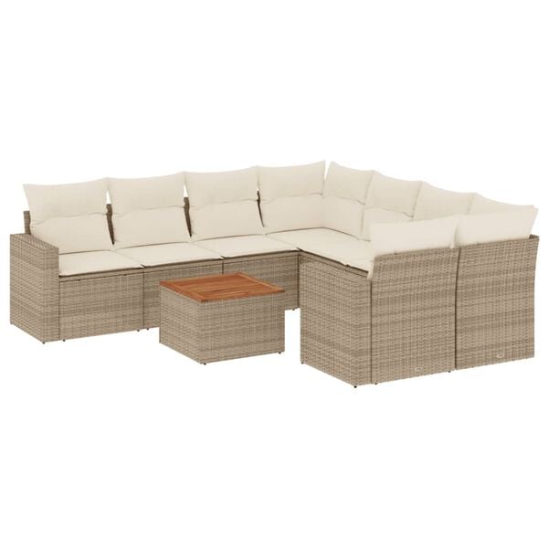 vidaXL 9-tlg. Garten-Sofagarnitur mit Kissen Beige Poly Rattan