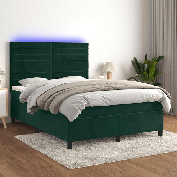 vidaXL Boxspringbett mit Matratze & LED Dunkelgr&uuml;n 140x190 cm Samt