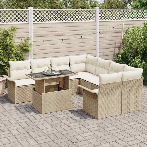 vidaXL Gartensofa-set mit Kissen mit Speicher 9 pcs Beige Poly Rattan