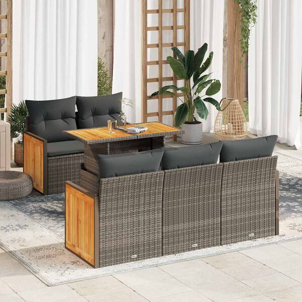 vidaXL 6-tlg. Garten-Sofagarnitur mit Kissen Grau Poly Rattan Akazie