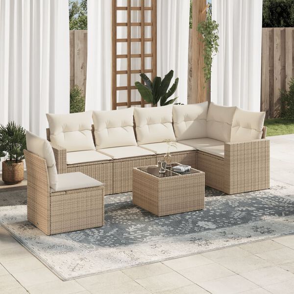 vidaXL 7-tlg. Garten-Sofagarnitur mit Kissen Beige Poly Rattan