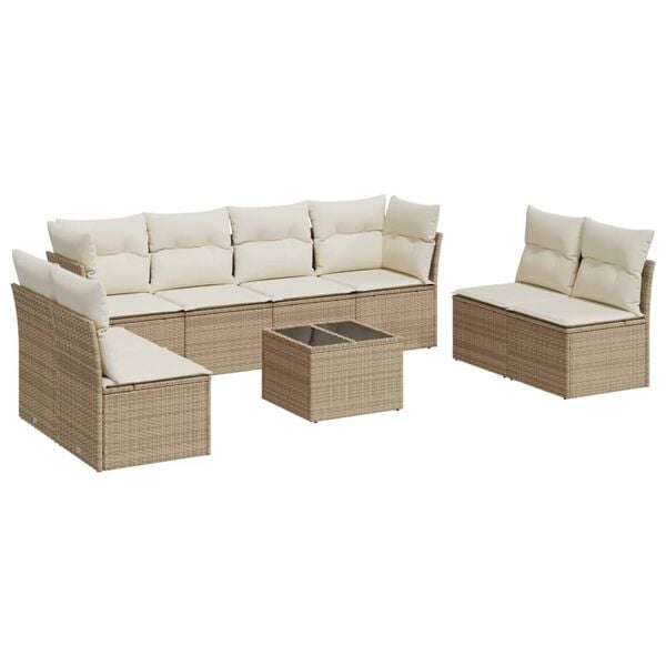 vidaXL 9-tlg. Garten-Sofagarnitur mit Kissen Beige Poly Rattan