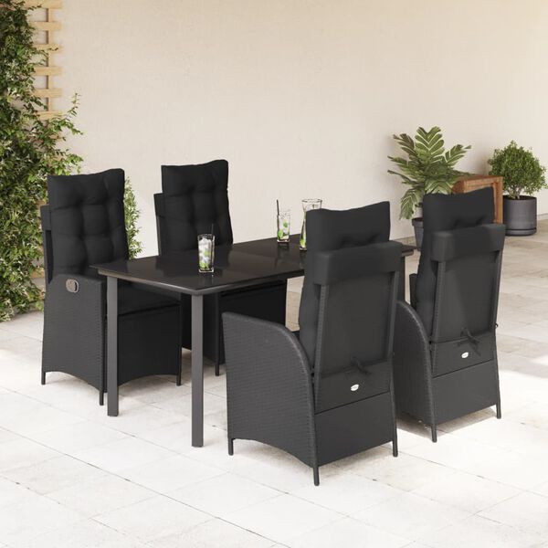 vidaXL 5-tlg. Garten-Essgruppe mit Kissen Schwarz Poly Rattan