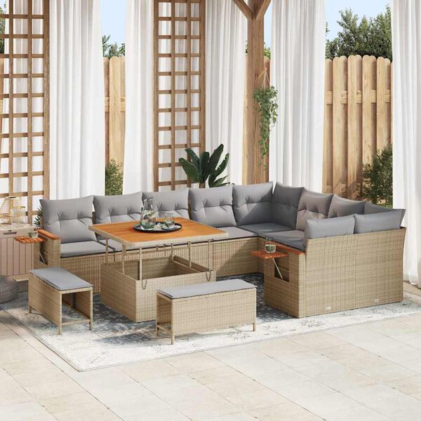 vidaXL Garten-Sofa-Set mit Kissen mit Speicher Beige Poly Rattan