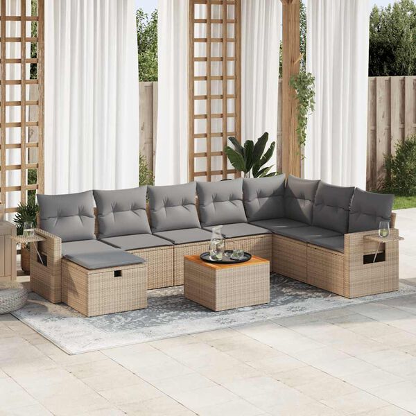 vidaXL 9-tlg. Garten-Sofagarnitur mit Kissen Beige Poly Rattan