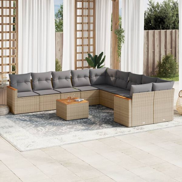 vidaXL 11-tlg. Garten-Sofagarnitur mit Kissen Beige Poly Rattan