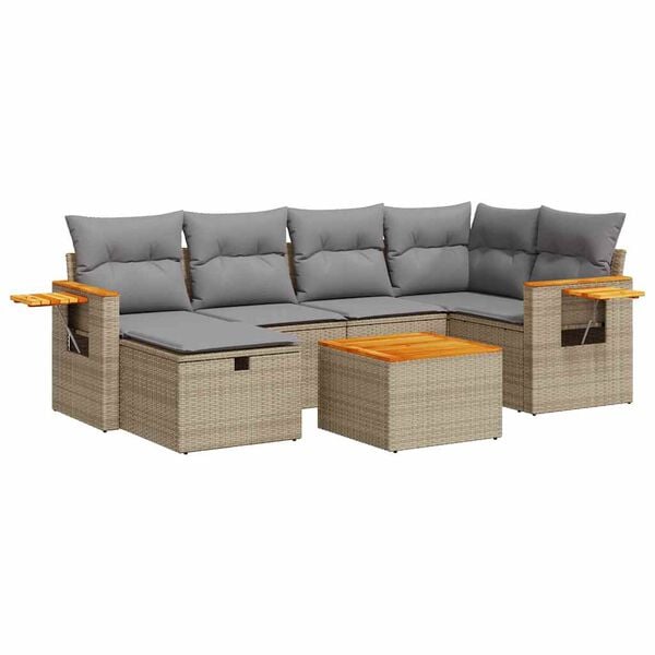 vidaXL 7-tlg. Garten-Sofagarnitur mit Kissen Beige Poly Rattan