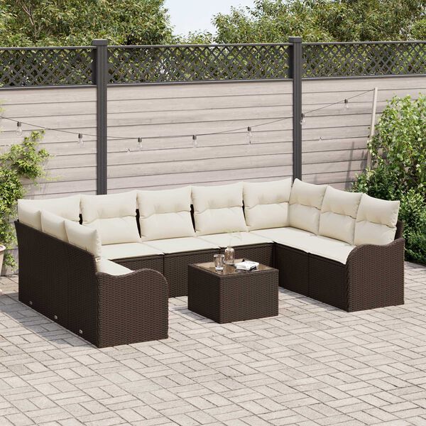 vidaXL Garten-Sofa-Set mit Kissen 10 pcs Braun und Weiß Poly Rattan