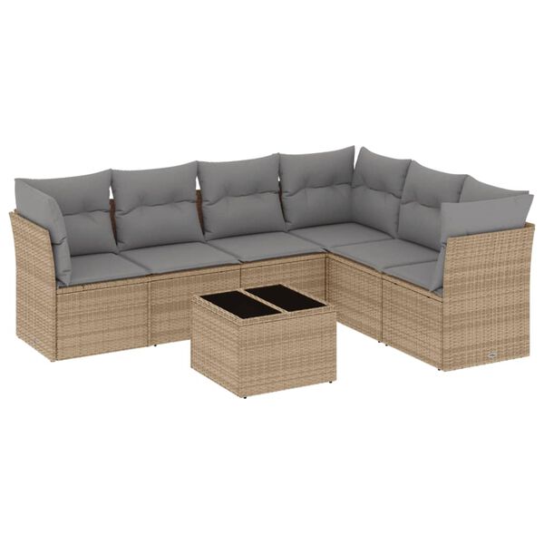 vidaXL 7-tlg. Garten-Sofagarnitur mit Kissen Beige Poly Rattan