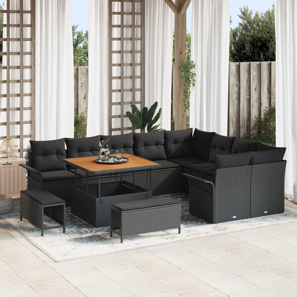 vidaXL Garten-Sofa-Set mit Kissen mit Speicher 12 pcs Schwarz