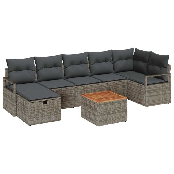 vidaXL Garten-Sofa-Set mit Kissen mit Speicher 8 pcs Grau Poly Rattan