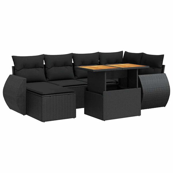 vidaXL 7-tlg. Garten-Sofagarnitur mit Kissen Schwarz Poly Rattan