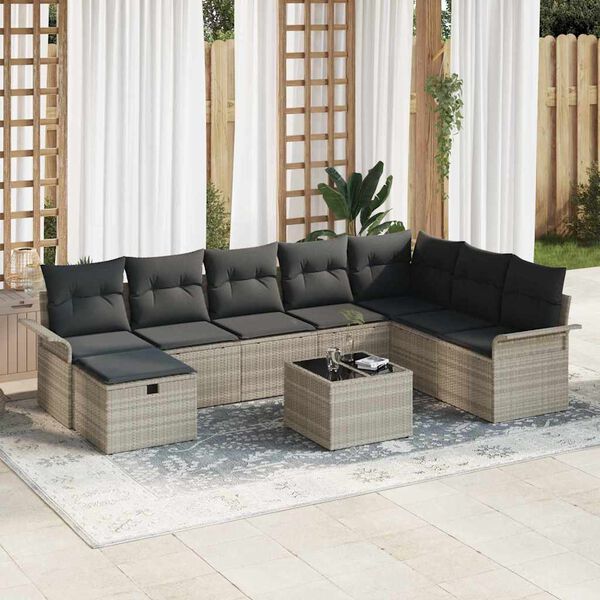vidaXL Garten-Sofa-Set mit Kissen 9 pcs Hellgrau Poly Rattan