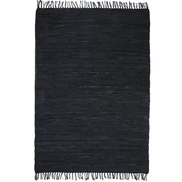 vidaXL Handgewebter Chindi-Teppich Leder 190x280 cm Schwarz