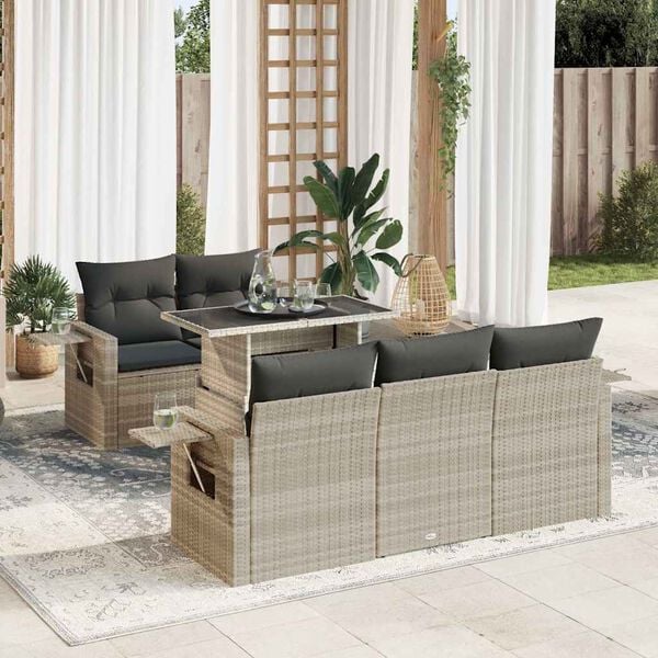 vidaXL 6-tlg. Garten-Sofagarnitur mit Kissen Hellgrau Poly Rattan