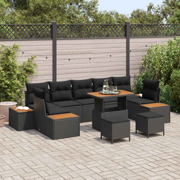 vidaXL Garten-Sofa-Set mit Kissen 10 pcs Schwarz Poly Rattan