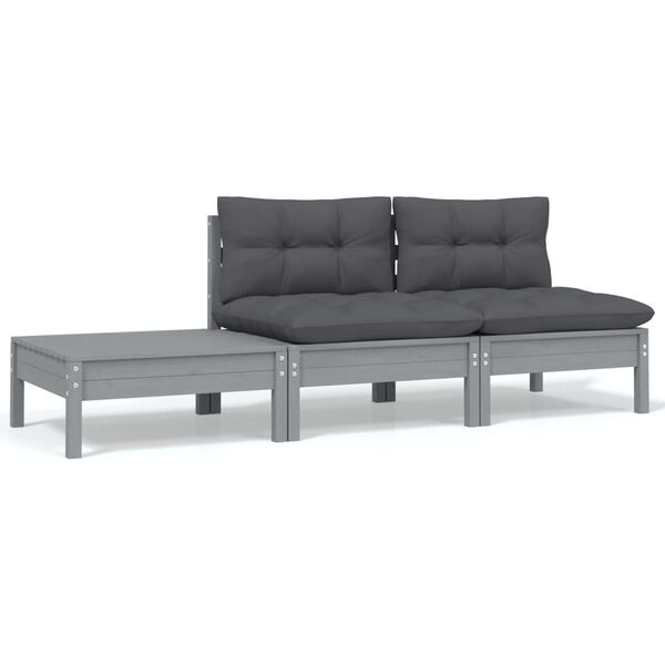 vidaXL 3-tlg. Garten-Lounge-Set mit Kissen Grau Kiefer Massivholz